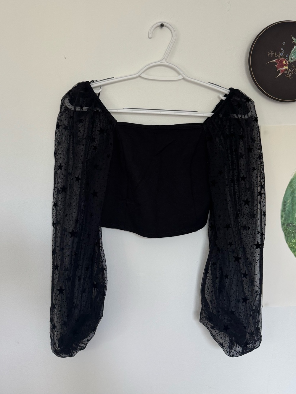 Topshop Black Star Mesh Bishop Sleeve Crop Top